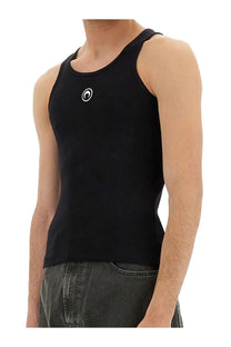 Marine Serre men’s black ribbed knit tank top with small white circular moon logo on the chest