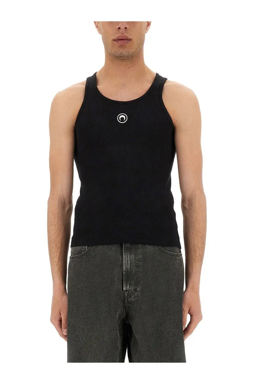 Marine Serre men’s black ribbed tank top with minimalist white circular logo at center chest