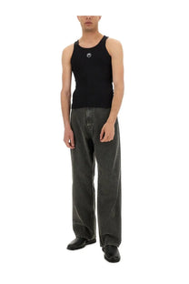 Marine Serre men’s black sleeveless tank top with small white circular moon logo on chest perfect for casual wear