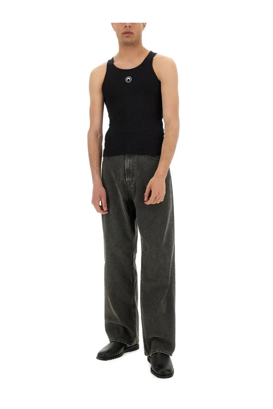 Marine serre men’s black sleeveless cotton tank top with small white circular moon logo on the chest