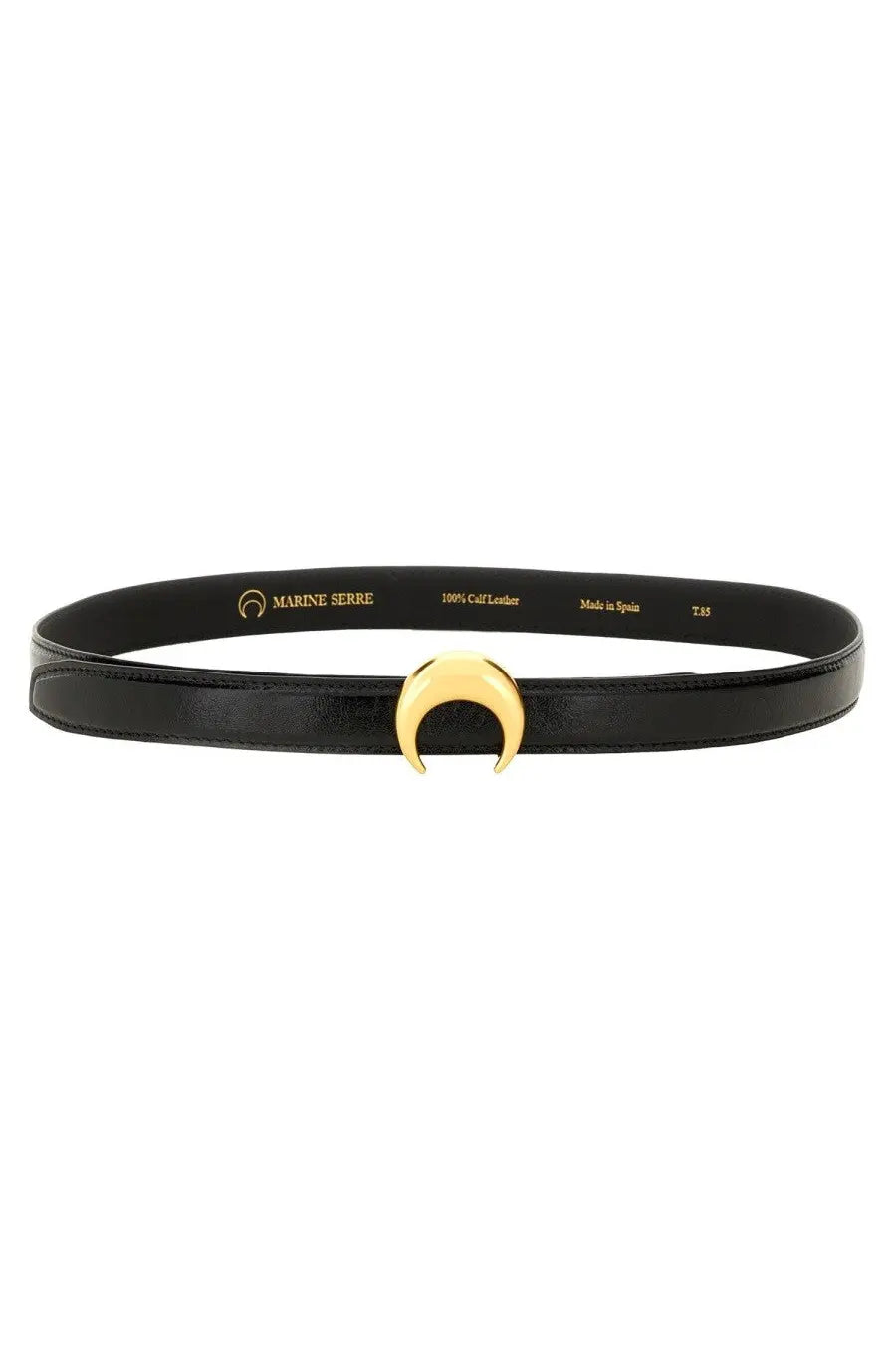 Marine serre women’s black leather belt featuring a gold-toned crescent moon buckle for stylish wear