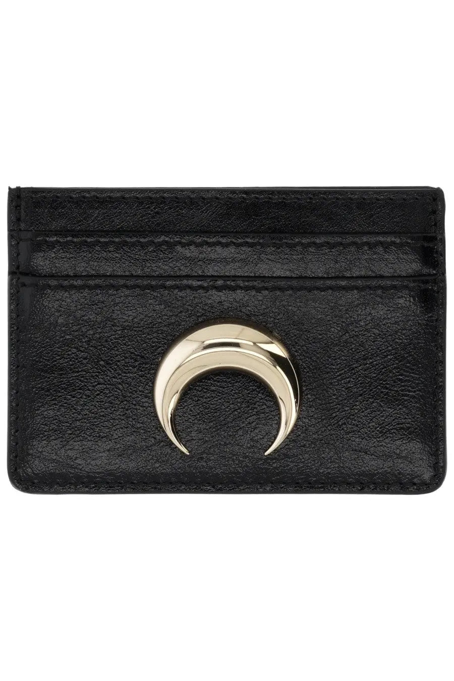 Marine serre women’s black leather card holder with a prominent gold-toned crescent moon clasp