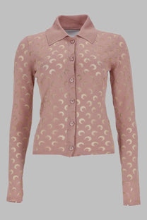 Marine Serre women’s soft pink knitted cardigan with cream crescent moon pattern and subtle texture
