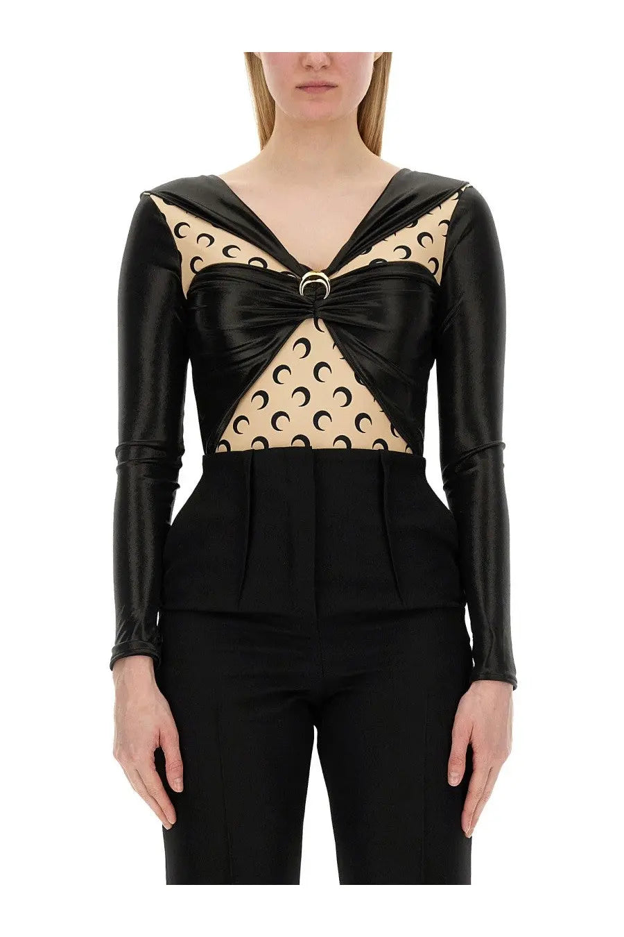 Marine Serre women’s draped bodysuit black with black and beige crescent moon pattern and glossy structured bodice