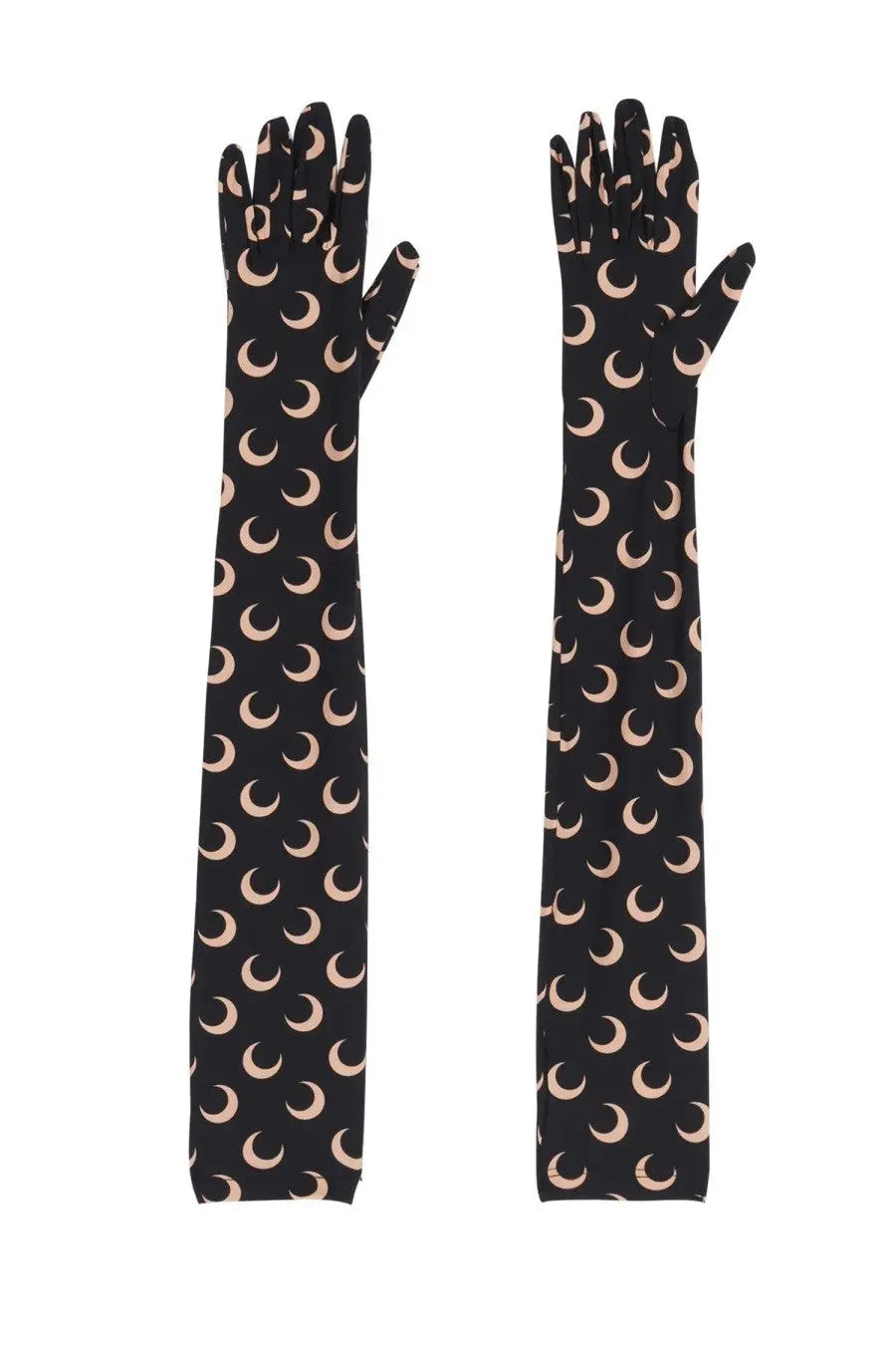 Marine Serre women’s guanti moon black long gloves in black with blush pink crescent moon pattern