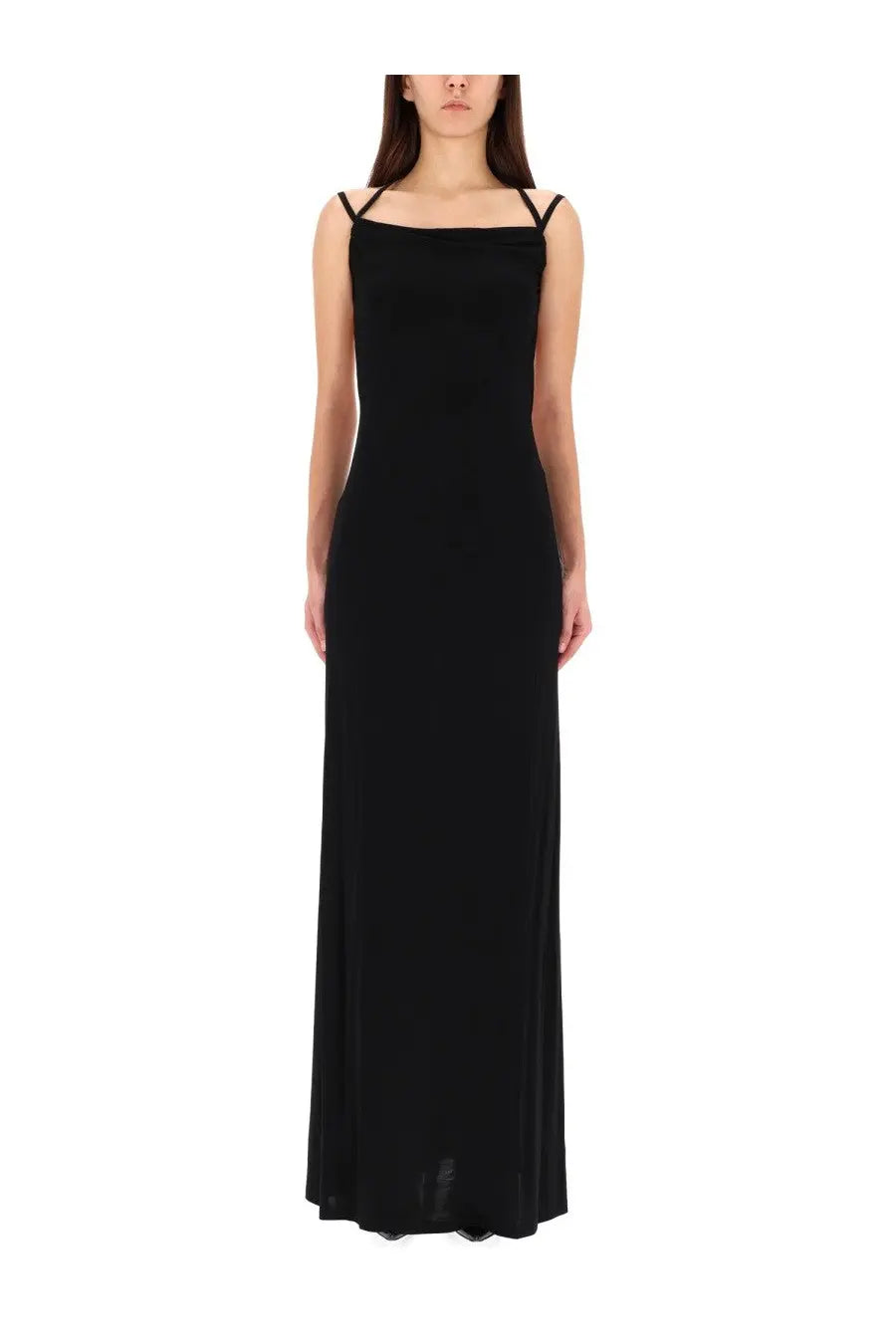 Marine Serre womens long black jersey maxi dress with sleeveless thin spaghetti straps and square neckline