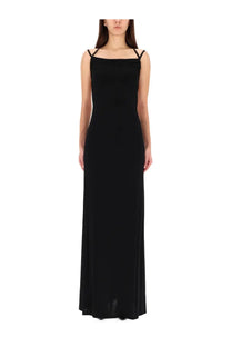 Marine Serre womens long black jersey maxi dress with sleeveless thin spaghetti straps and square neckline