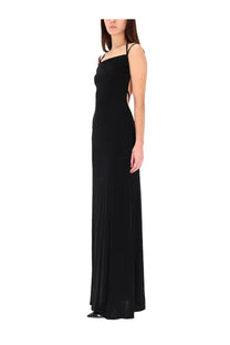 Marine serre women’s black long jersey maxi dress with thin straps and back cutout detail shown from the back