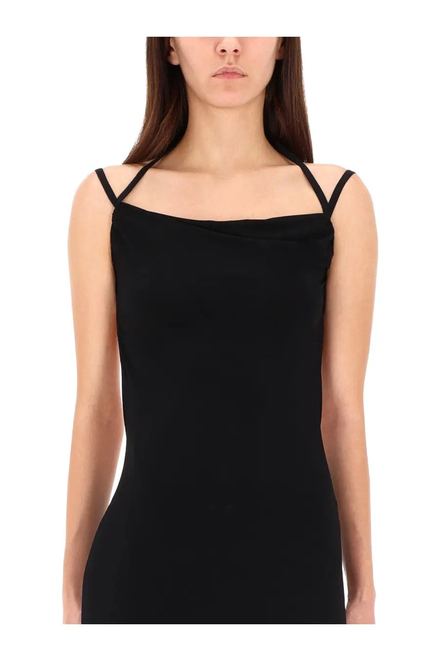 Marine Serre women’s long black jersey dress with spaghetti straps and a draped square neckline