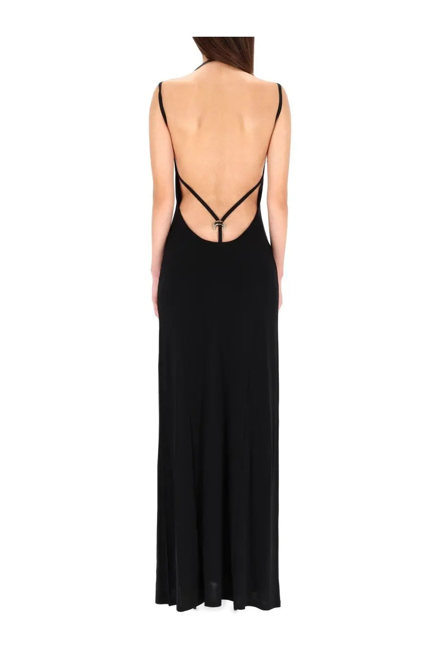 Back view of marine serre women’s black long jersey spaghetti strap maxi dress with backless crisscross straps and metallic clasp