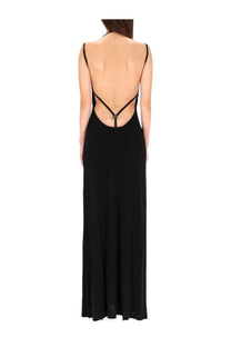 Back view of marine serre women’s black long jersey spaghetti strap maxi dress with backless crisscross straps and metallic clasp