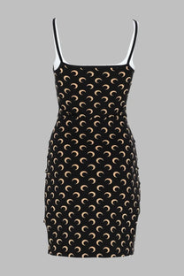 Marine serre women’s mini abito moon black spaghetti strap dress with black and beige crescent moon pattern and white trim