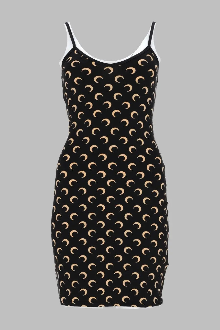 Marine serre women’s mini abito moon black spaghetti strap dress with black crescent moon pattern and white trim