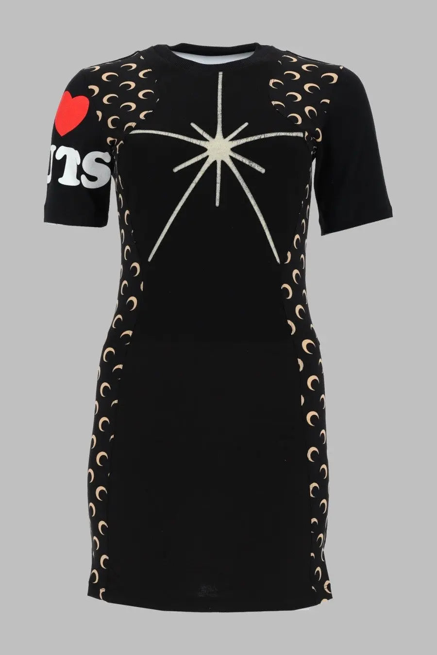 Marine serre women’s mini abito upcycled black short-sleeved dress with a white starburst, crescent moons, and red heart detail