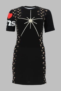 Marine serre women’s mini abito upcycled black short-sleeved dress with a white starburst, crescent moons, and red heart detail