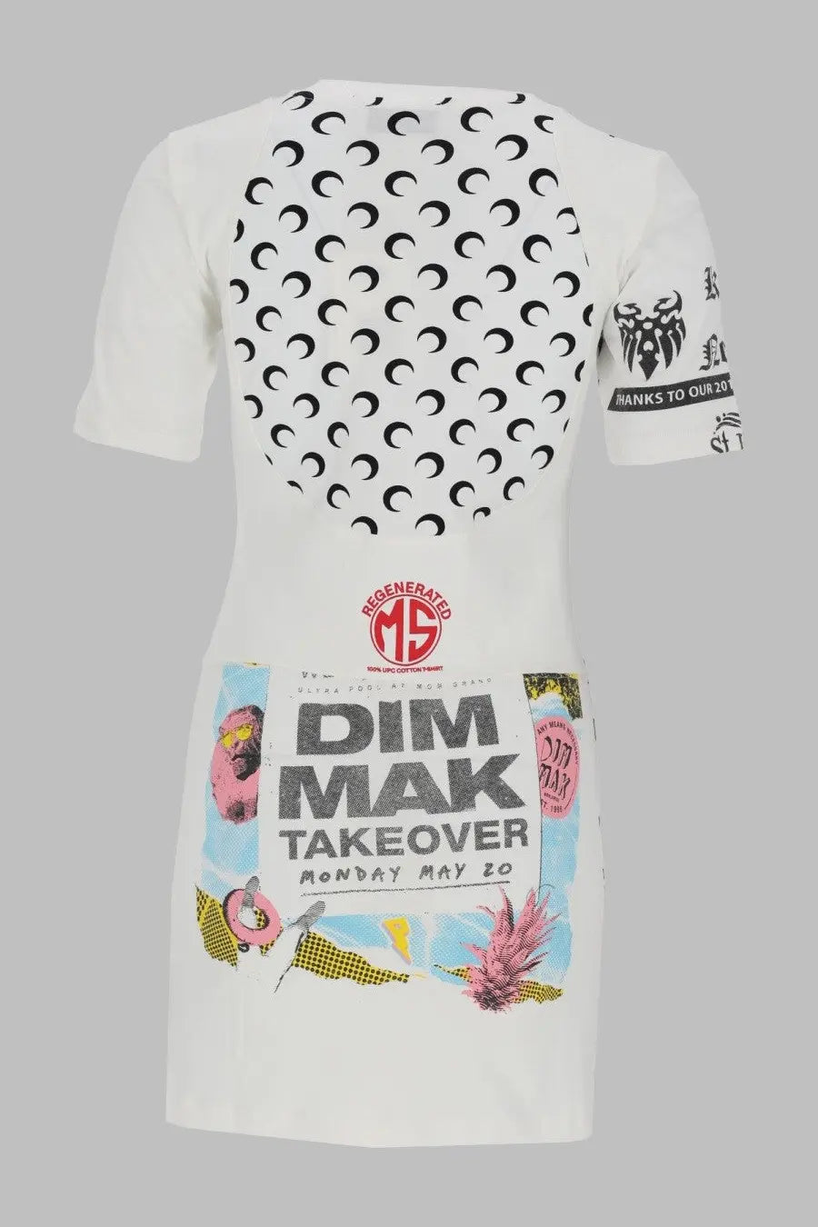 Marine Serre women’s mini abito upcycled white dress with short sleeves black crescent moon back and colorful front print
