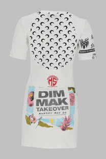 Marine Serre women’s mini abito upcycled white dress with short sleeves black crescent moon back and colorful front print