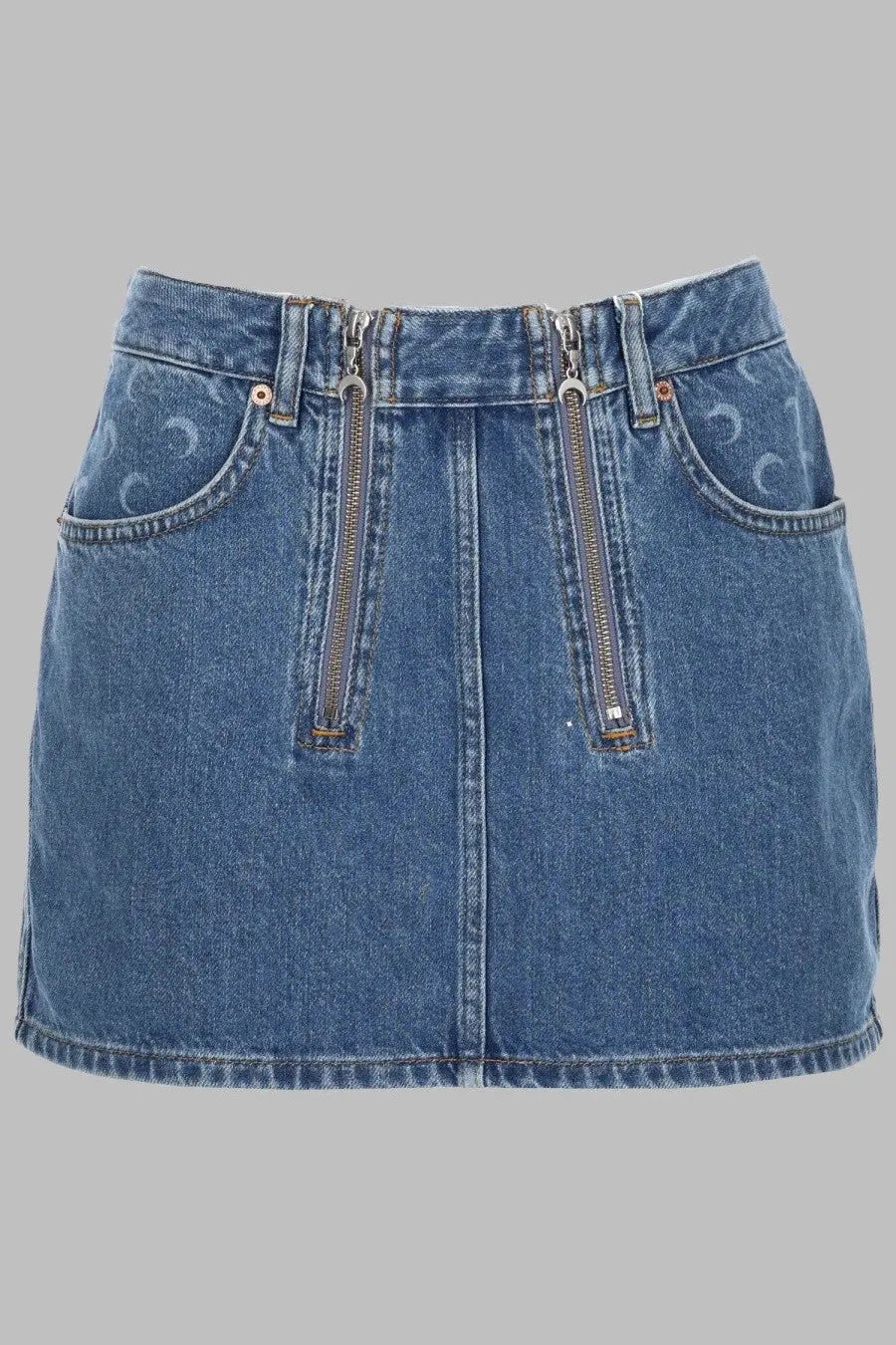 Marine serre women’s blue denim mini skirt with front zipper pockets and subtle moon pattern