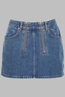 Marine serre women’s blue denim mini skirt with front zipper pockets and subtle moon pattern