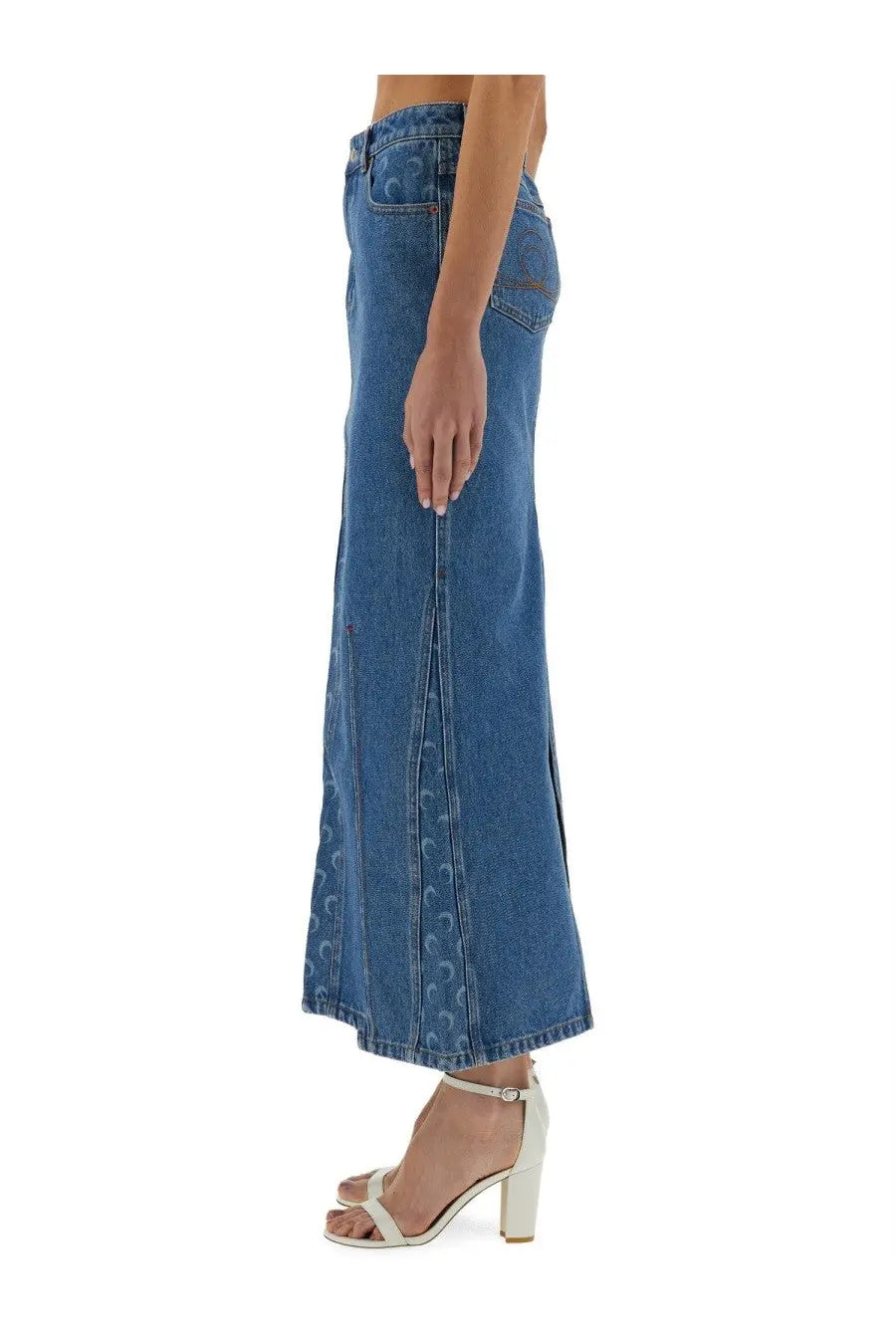 Marine serre women’s blue denim maxi skirt with front slit and subtle embroidered pattern along side seam