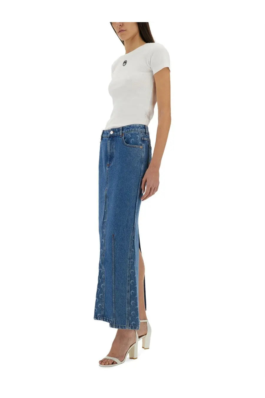 Blue denim marine serre women’s midi skirt with side slit and embroidered pattern along the hem