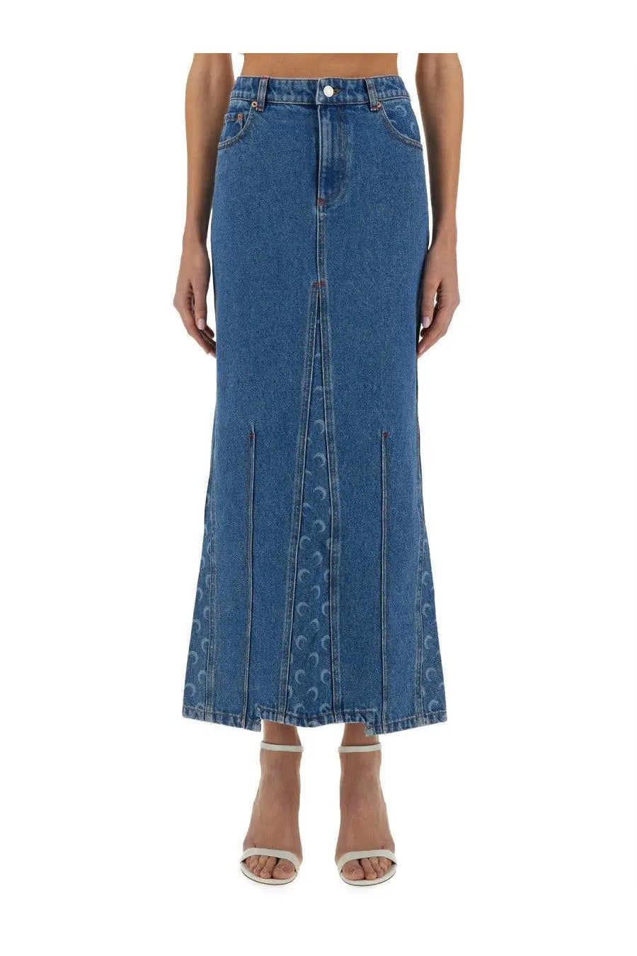 Marine serre women’s mid-blue denim maxi skirt with subtle crescent moon pattern along front slit and side panels