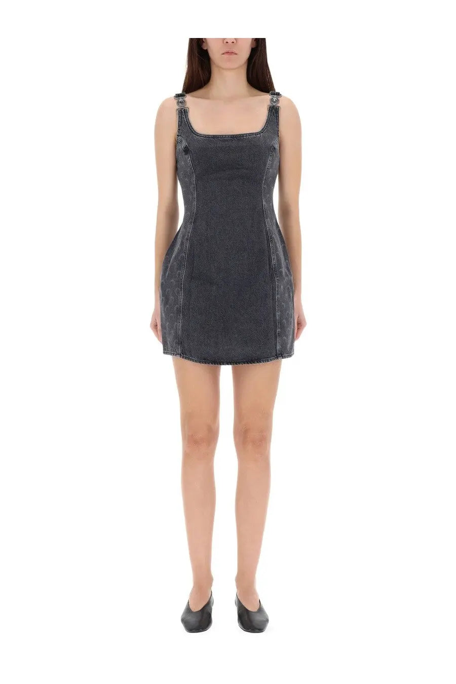 Marine Serre women’s dark gray denim mini dress with square neckline and adjustable shoulder straps