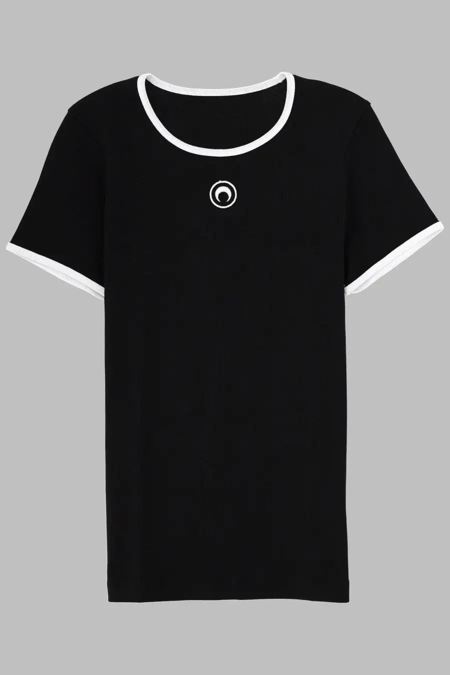 Marine Serre women’s black ringer tee with white trim and small circular logo embroidered on center chest