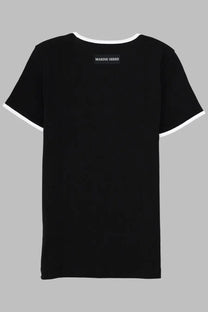 Marine serre women’s black cotton t-shirt with white ringer trim and small rectangular logo at the neckline