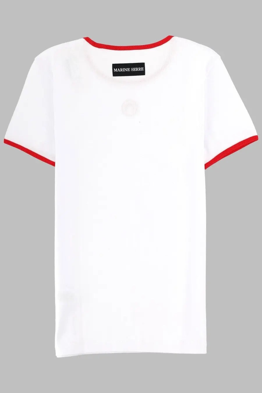 Marine serre women’s white t-shirt with red trim on collar and sleeve cuffs for casual wear