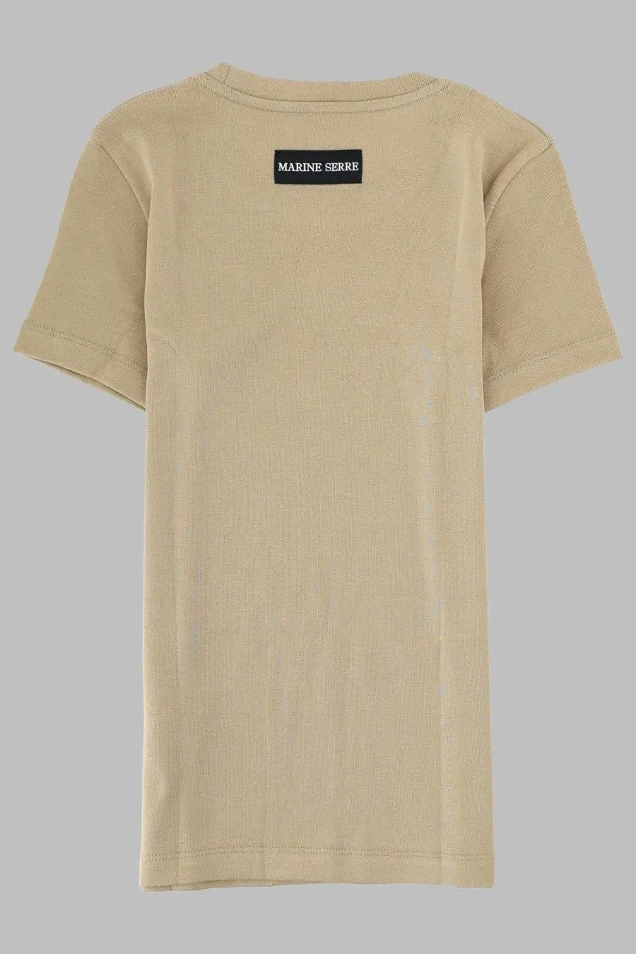 Marine serre women’s beige short-sleeved shirt with black rectangular label at the neckline in moon beige color