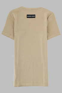 Marine serre women’s beige short-sleeved shirt with black rectangular label at the neckline in moon beige color