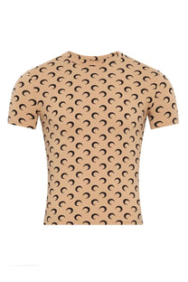 Beige short-sleeved Marine Serre women’s shirt with repeating black crescent moon pattern made of soft fabric