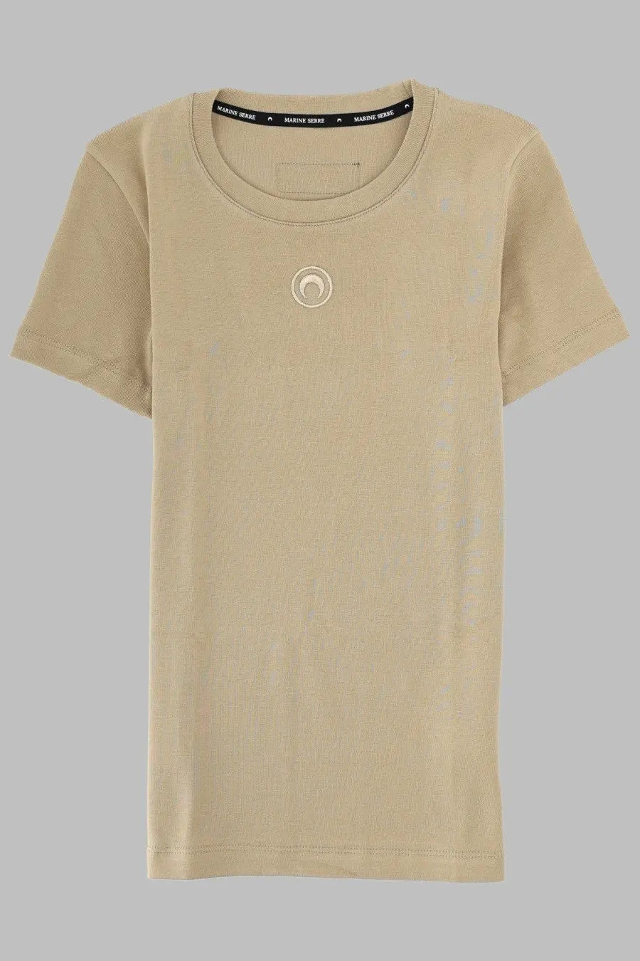 Marine Serre women’s beige short-sleeved t-shirt with subtle white circular logo and branded neckline trim