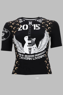 Marine serre women’s black short-sleeved upcycled cotton t-shirt with white electric guitar graphic and gold crescent moons