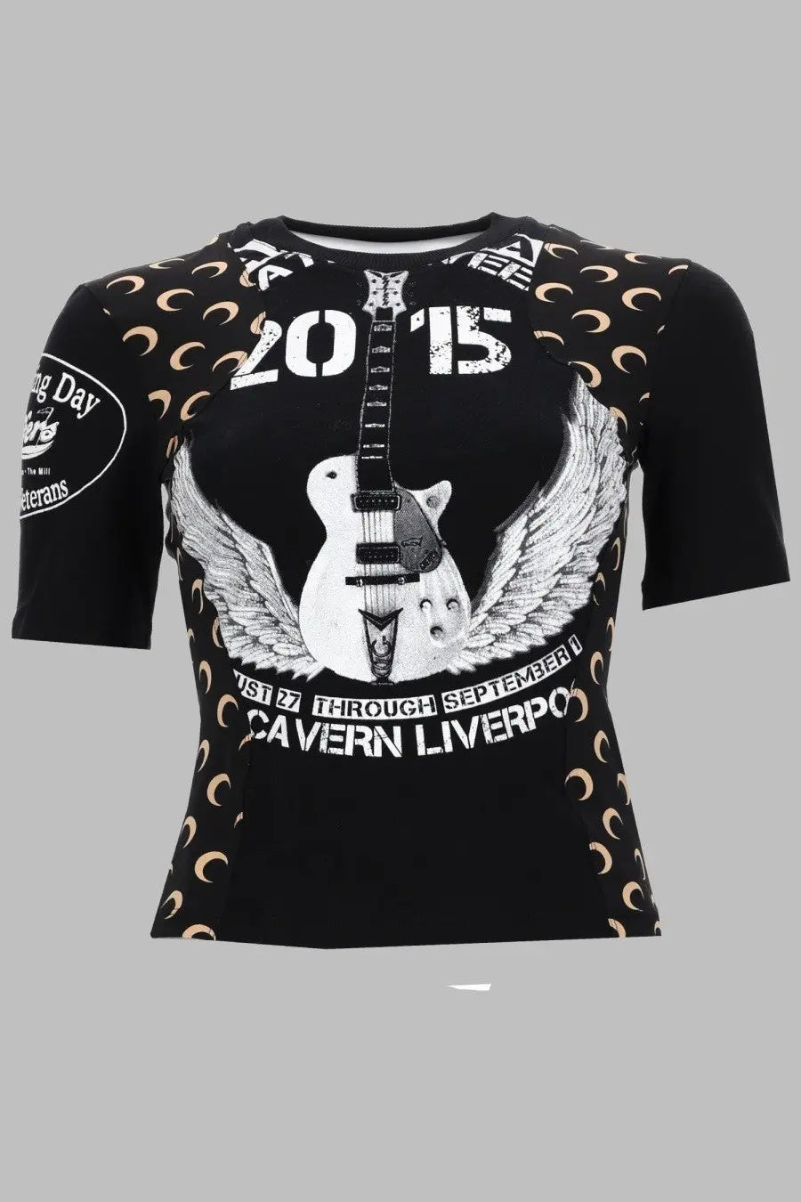 Marine Serre women’s black short-sleeved upcycled cotton shirt with white guitar wings graphic and gold crescent moons