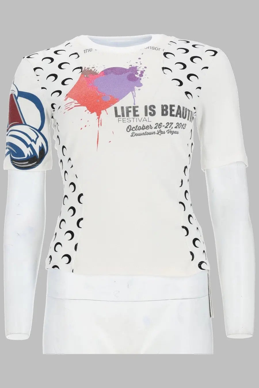 Marine serre women’s white long-sleeved graphic tee with purple red paint splatter and black crescent moons on sleeves