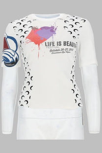 Marine serre women’s white long-sleeved graphic tee with purple red paint splatter and black crescent moons on sleeves