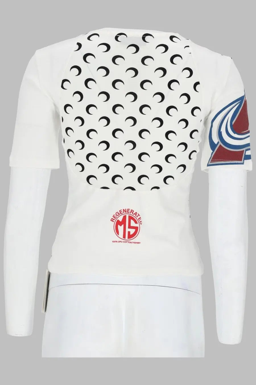 Back view of marine serre womens white long-sleeved top with black crescent moon pattern and colorado avalanche logo on sleeve
