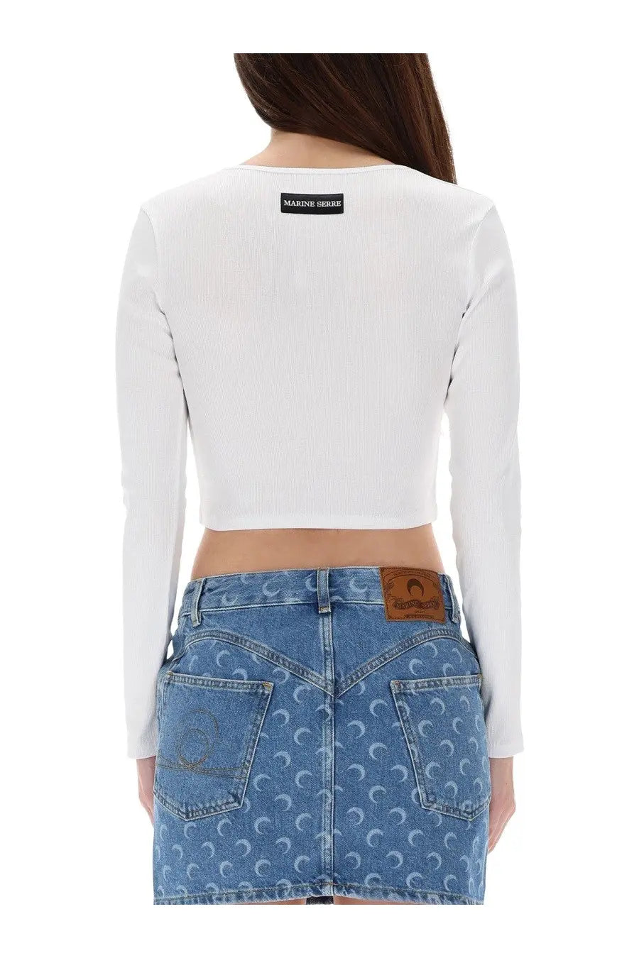 White ribbed long-sleeved crop top with black label at back neckline marine serre women’s short moon top back view