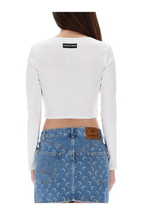 White ribbed long-sleeved crop top with black label at back neckline marine serre women’s short moon top back view