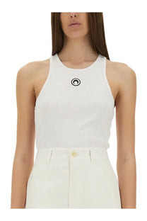 White ribbed racerback tank top with black circular logo on chest from marine serre womens top con moon white collection