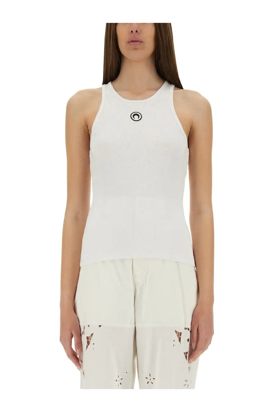 Marine Serre women’s white sleeveless tank top with small black circular logo on the chest