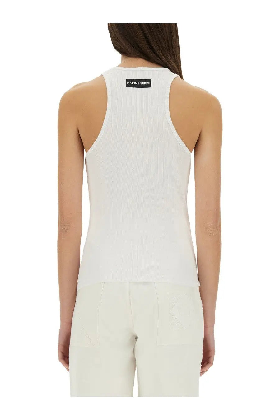Marine serre women’s white sleeveless tank top with a black label at the neckline featuring moon design