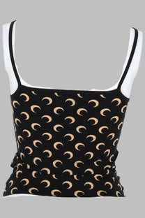 Marine serre women’s black jersey crop top with white straps and beige crescent moon pattern