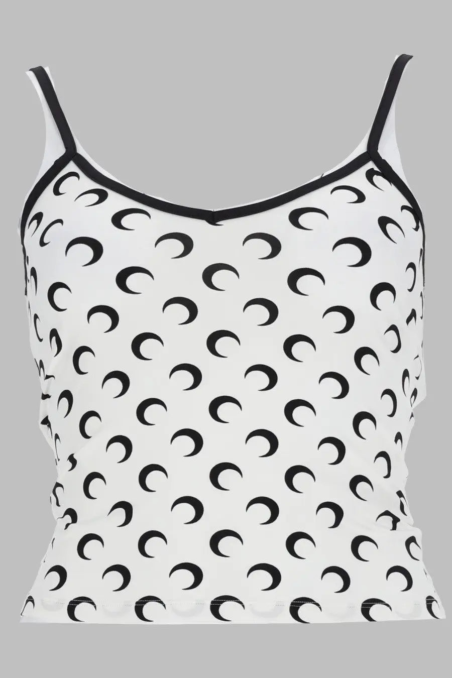 Marine Serre women top moon in jersey white with black crescent moon pattern white spaghetti strap camisole with black trim