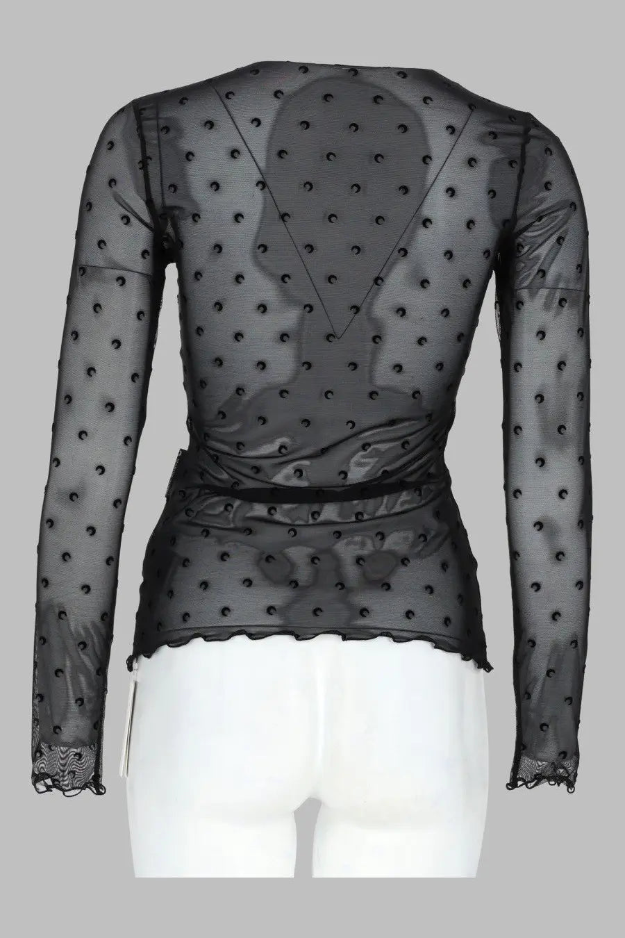Marine Serre women’s black sheer long-sleeved top with dotted plumetis pattern and lace trim
