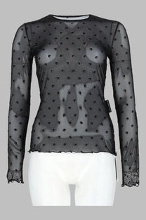 Marine serre womens black sheer long sleeve top with polka dot pattern and lace trim at cuffs in plumetis fabric