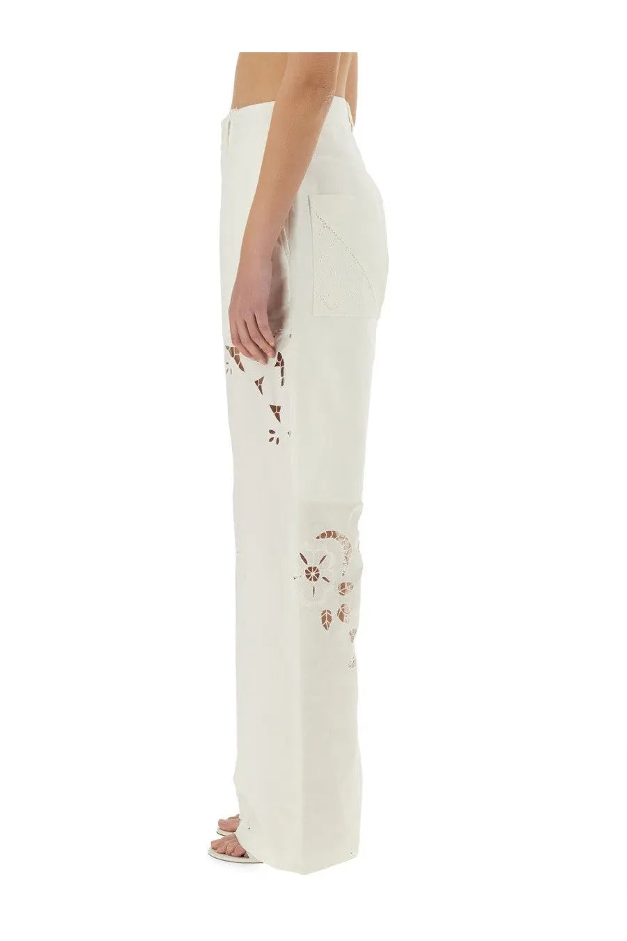 Marine Serre women’s upcycled linen white wide-leg pants with delicate brown floral embroidery on the lower legs