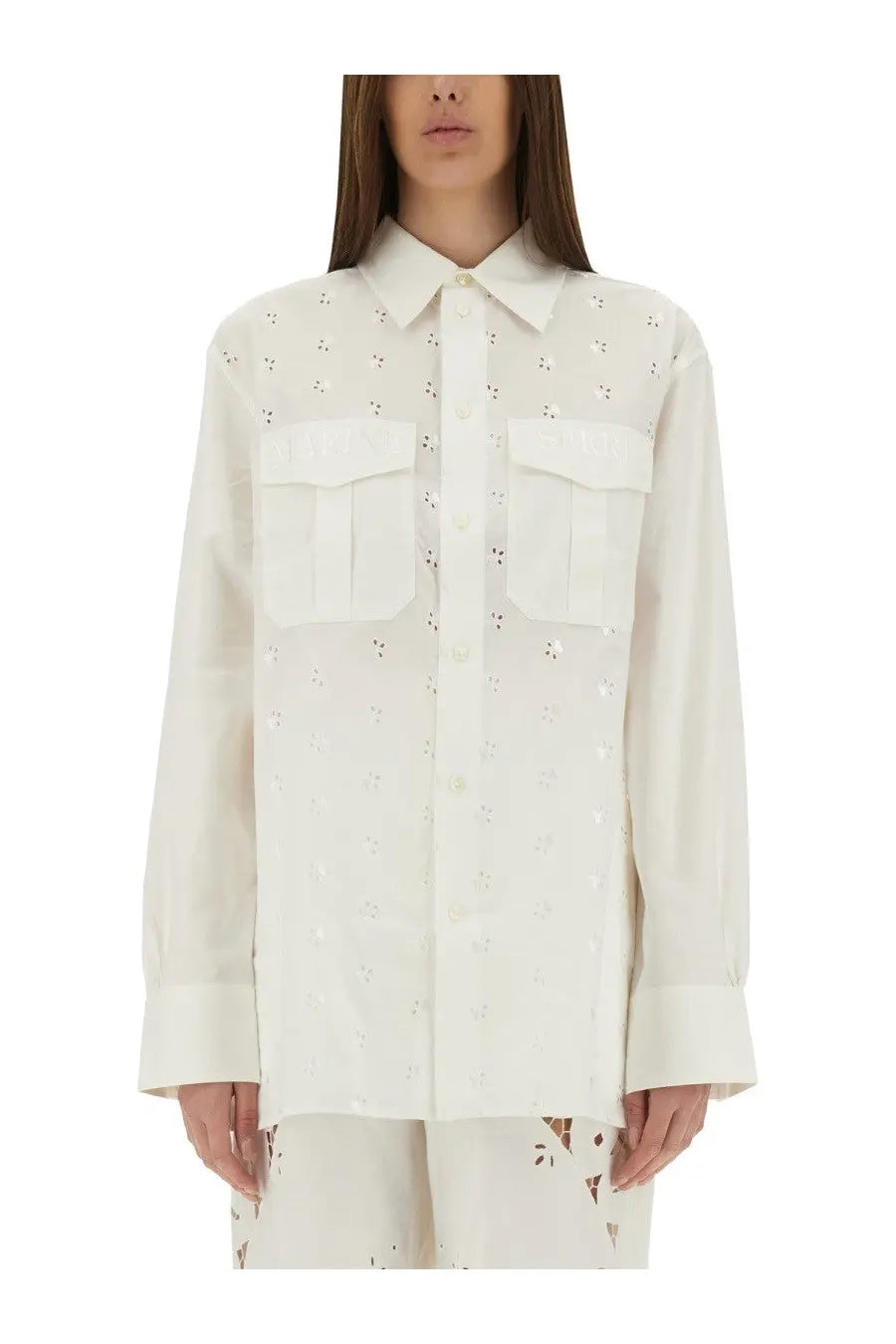 Marine Serre women’s upcycled linen white button-down shirt with delicate white floral embroidery and front patch pockets